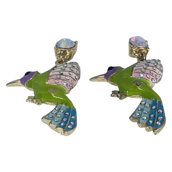 Betsey Johnson Hummingbird Dangle Earrings 2" Crystal Green Spring Ahead - Picture 8 of 11